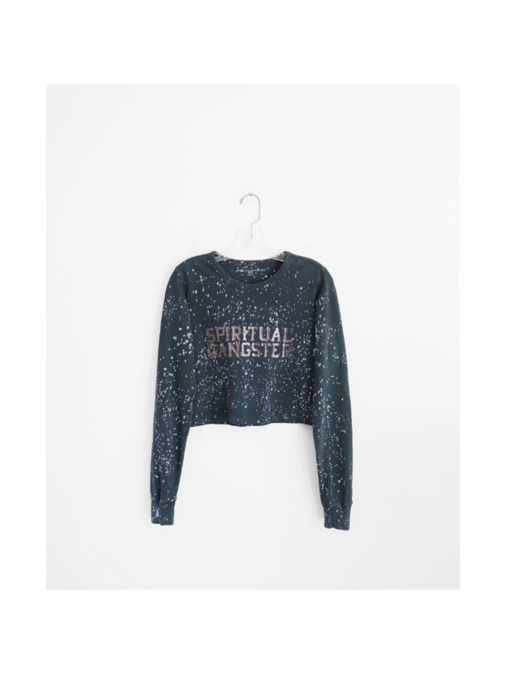 Spiritual Gangster Washed Black Acid Bleach Splatter Long Sleeve Logo Tee Small